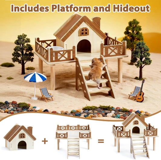 Wooden Hamster Platform and Cute Habitat House with Climbing Ladder