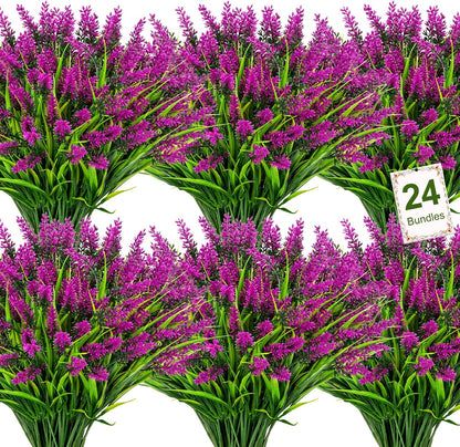 24 Bundles Artificial Flowers for Outdoors Fake Lavender, Fuchsia