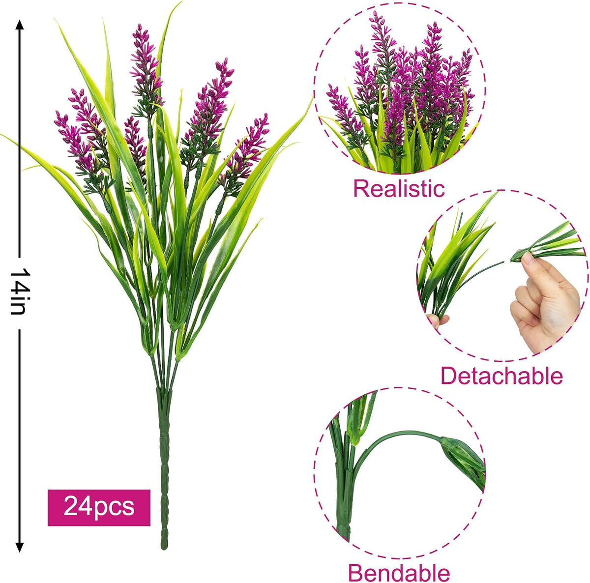 24 Bundles Artificial Flowers for Outdoors Fake Lavender, Fuchsia