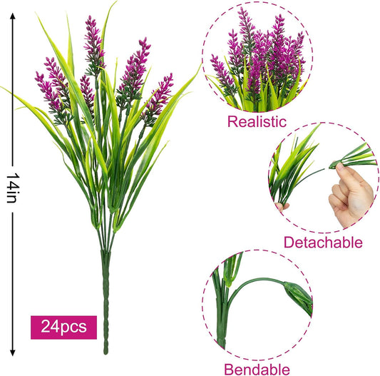 24 Bundles Artificial Flowers for Outdoors Fake Lavender, Fuchsia