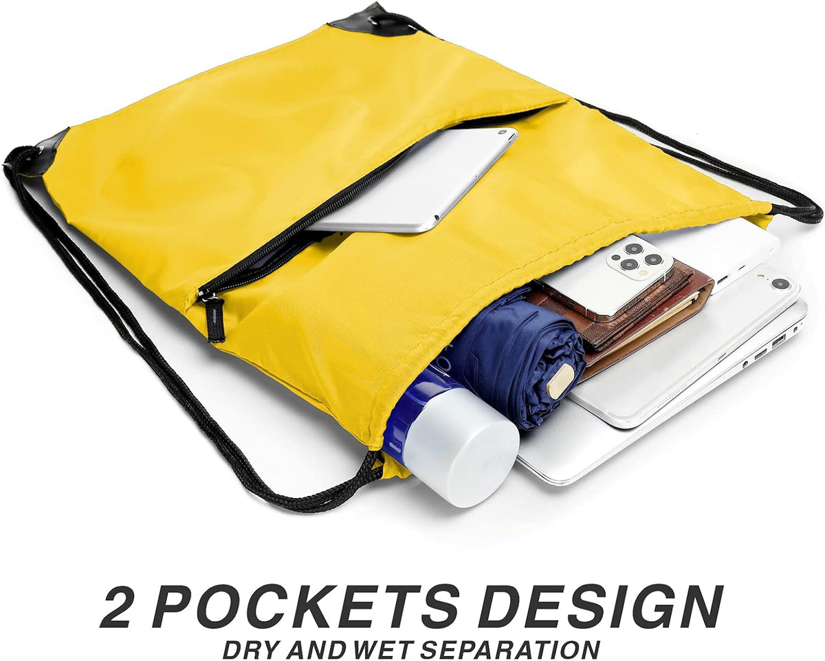 Drawstring Backpack Sports Water Resistant String Bag Sport Gym Sackpack for Women Men Large with Zipper, Yellow
