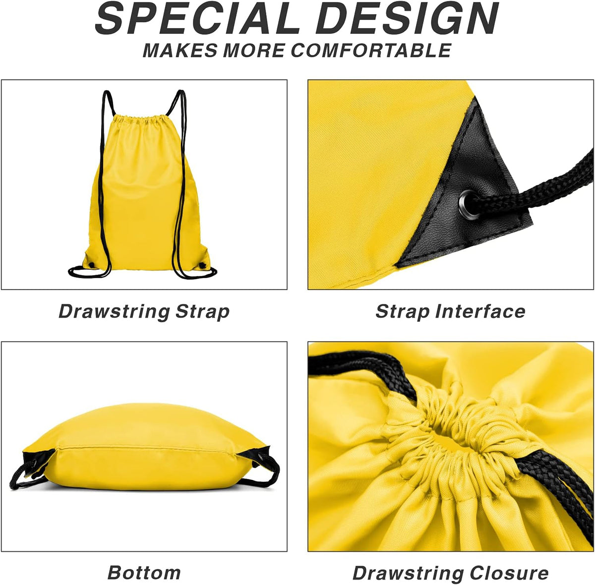 Drawstring Backpack Sports Water Resistant String Bag Sport Gym Sackpack for Women Men Large with Zipper, Yellow