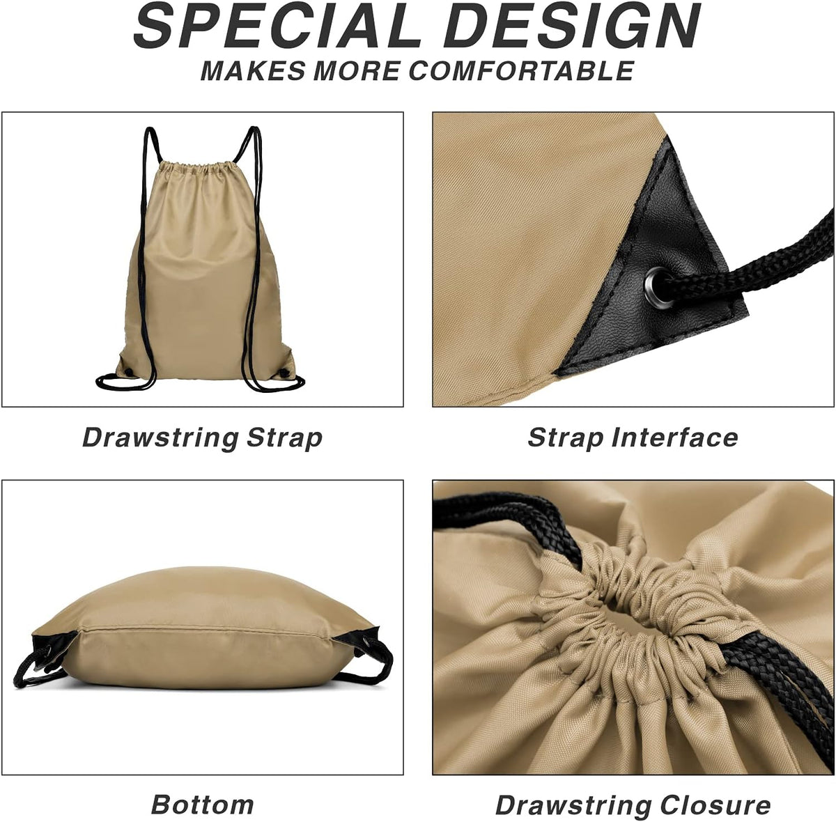 Drawstring Backpack Sports Water Resistant String Bag Sport Gym Sackpack for Women Men Large with Zipper, Yellow