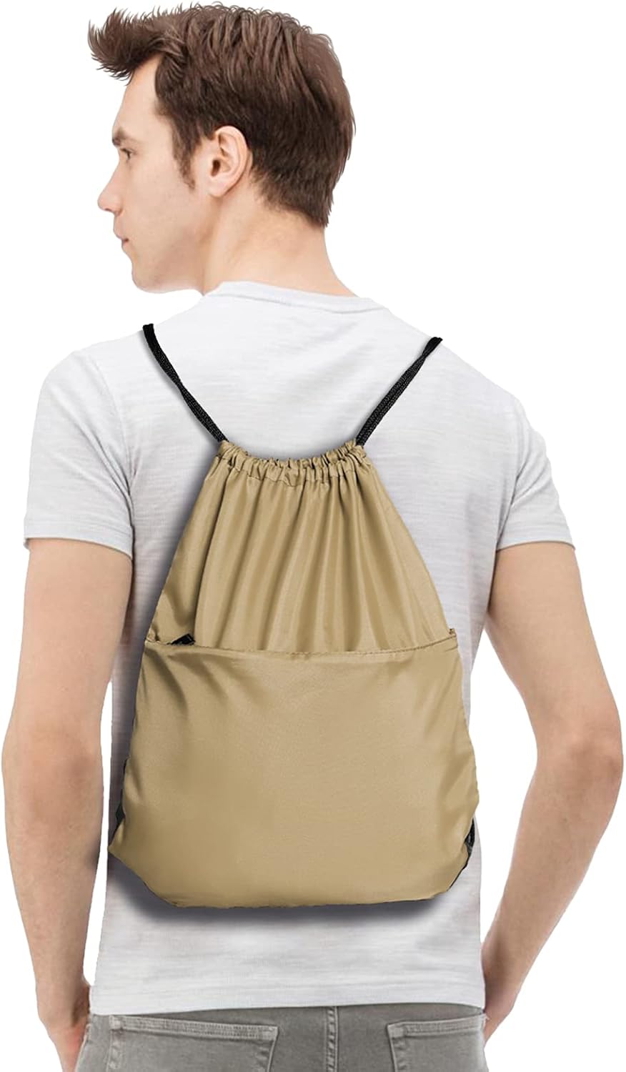 Drawstring Backpack Sports Water Resistant String Bag Sport Gym Sackpack for Women Men Large with Zipper, Yellow