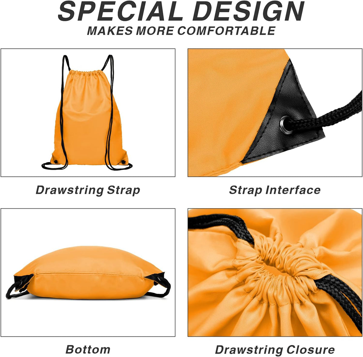 Drawstring Backpack Sports Water Resistant String Bag Sport Gym Sackpack for Women Men Large with Zipper, Yellow