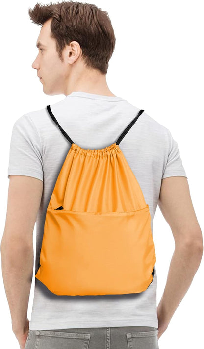 Drawstring Backpack Sports Water Resistant String Bag Sport Gym Sackpack for Women Men Large with Zipper, Yellow