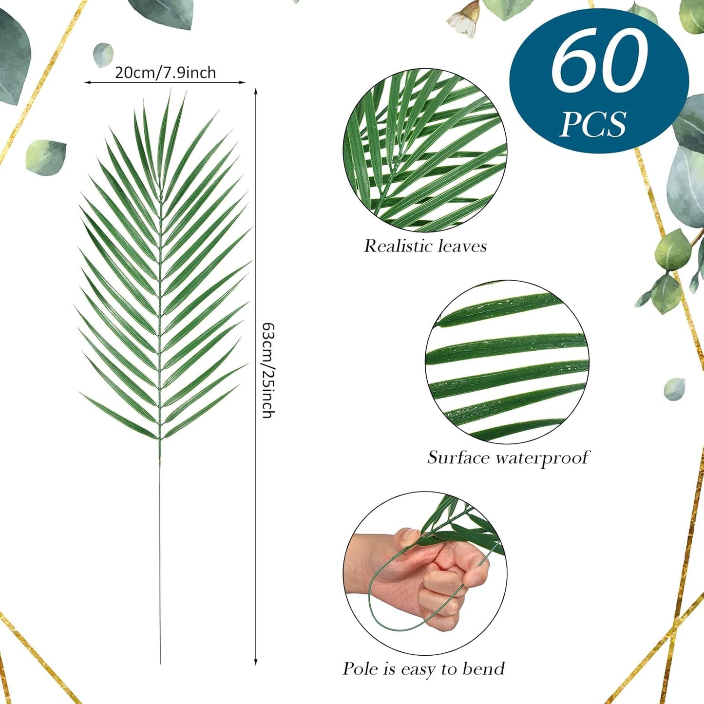 60 Pcs 25 Inch Palm Leaves Bulk, Large Artificial Tropical Palm Frond for Wedding Flower Arrangement, Faux Greenery Branches for Church Sunday Christian Decor, Hawaiian Jungle Safari Party