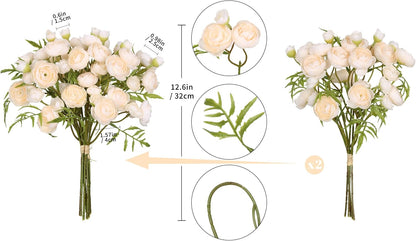 2 Bouquets Champagne Faux Ranunculus Flowers 60 Heads Small Fake Flowers Cream Artificial Peonies 12.6" Mini Artificial Flower for DIY Wedding Bouquet Bridal Shower Decor Filler Centerpieces