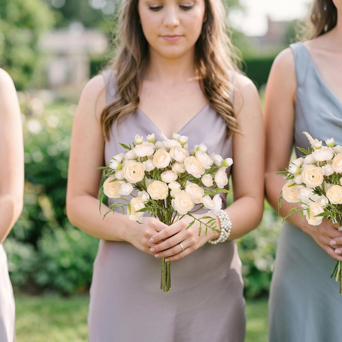 2 Bouquets Champagne Faux Ranunculus Flowers 60 Heads Small Fake Flowers Cream Artificial Peonies 12.6" Mini Artificial Flower for DIY Wedding Bouquet Bridal Shower Decor Filler Centerpieces