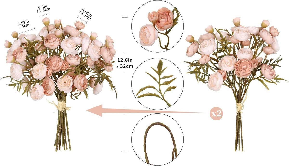 2 Bouquets Champagne Faux Ranunculus Flowers 60 Heads Small Fake Flowers Cream Artificial Peonies 12.6" Mini Artificial Flower for DIY Wedding Bouquet Bridal Shower Decor Filler Centerpieces