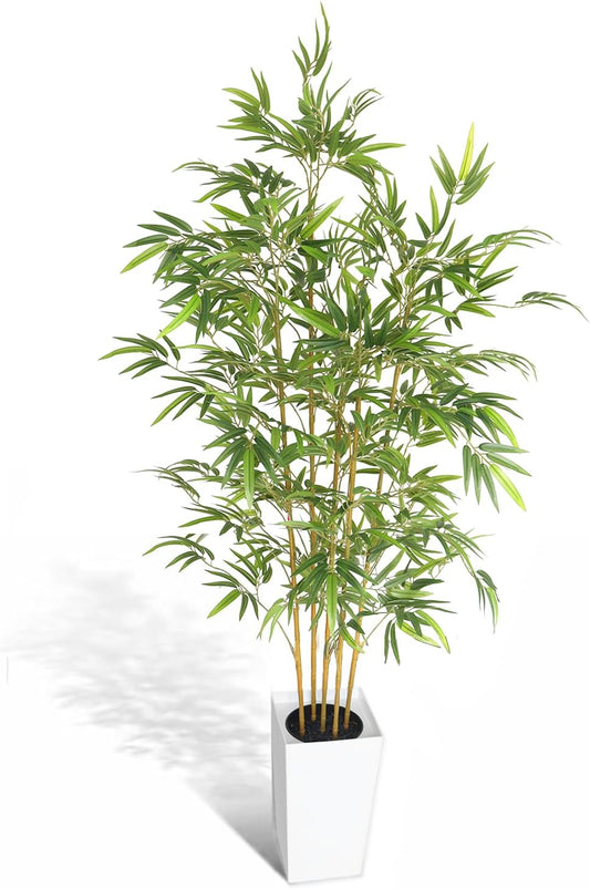 6 FT Artificial Bamboo Tree | White tall planter, realistic dense and adjustable bamboo leaves, faux greenery for home indoor outdoor patio decor