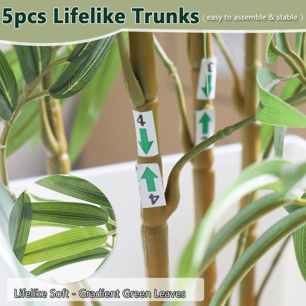 6 FT Artificial Bamboo Tree | White tall planter, realistic dense and adjustable bamboo leaves, faux greenery for home indoor outdoor patio decor