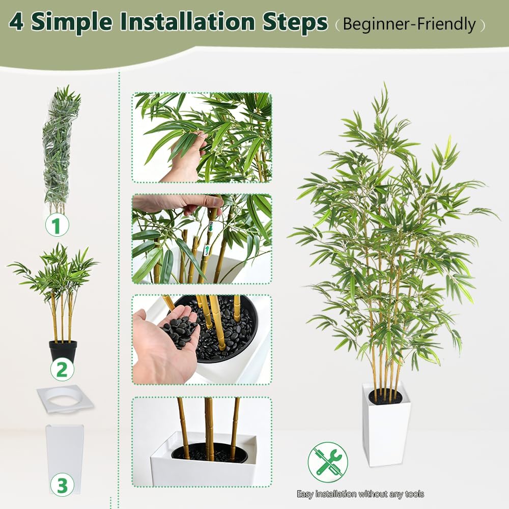 6 FT Artificial Bamboo Tree | White tall planter, realistic dense and adjustable bamboo leaves, faux greenery for home indoor outdoor patio decor