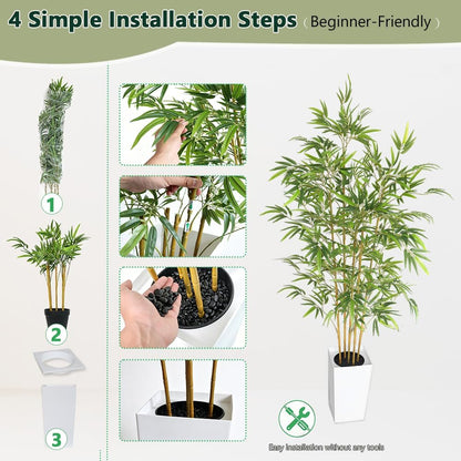 6 FT Artificial Bamboo Tree | White tall planter, realistic dense and adjustable bamboo leaves, faux greenery for home indoor outdoor patio decor