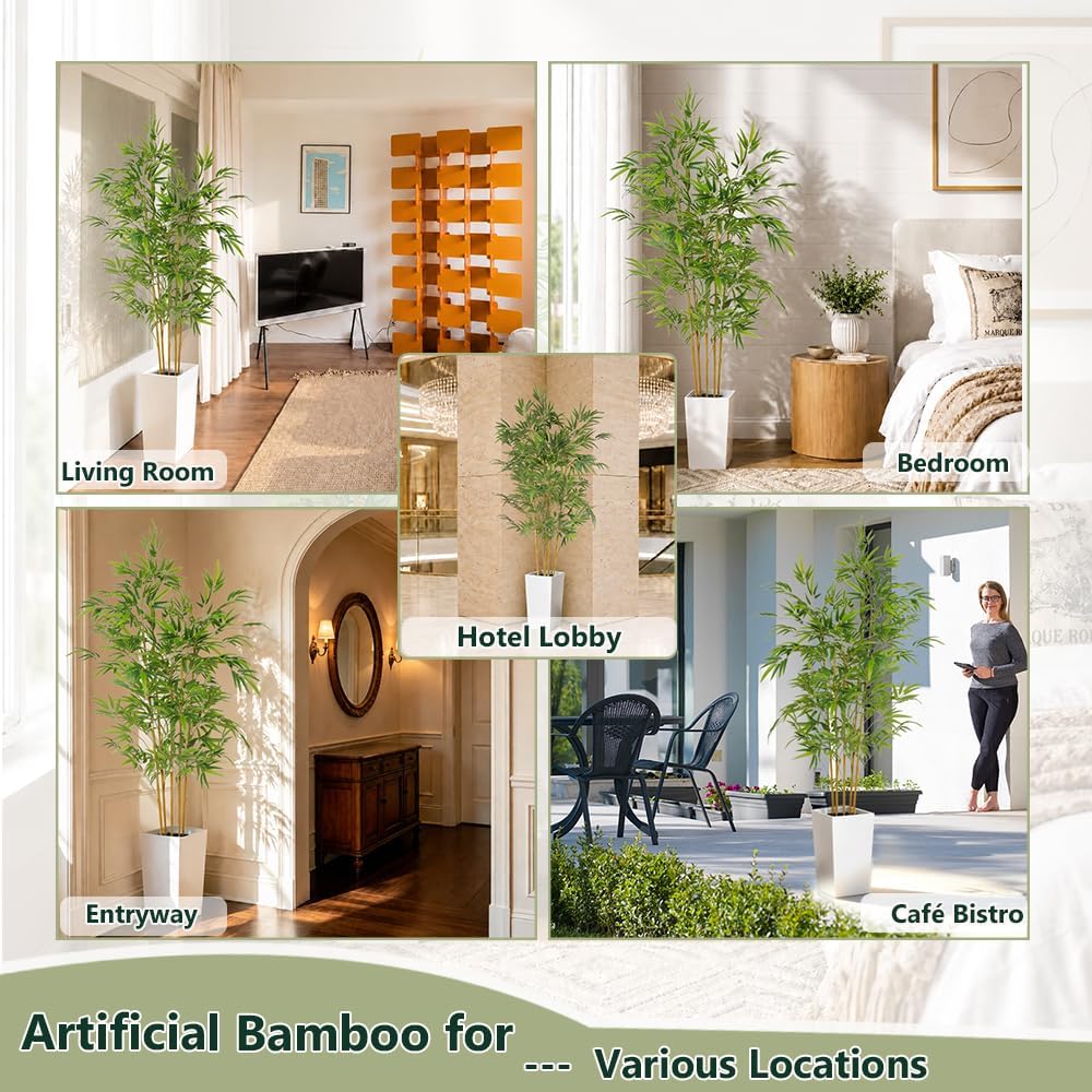 6 FT Artificial Bamboo Tree | White tall planter, realistic dense and adjustable bamboo leaves, faux greenery for home indoor outdoor patio decor