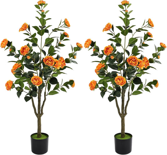 Orange Artificial Camellia Tree 2 Pcs 48Inch/4Ft