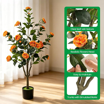 Orange Artificial Camellia Tree 2 Pcs 48Inch/4Ft