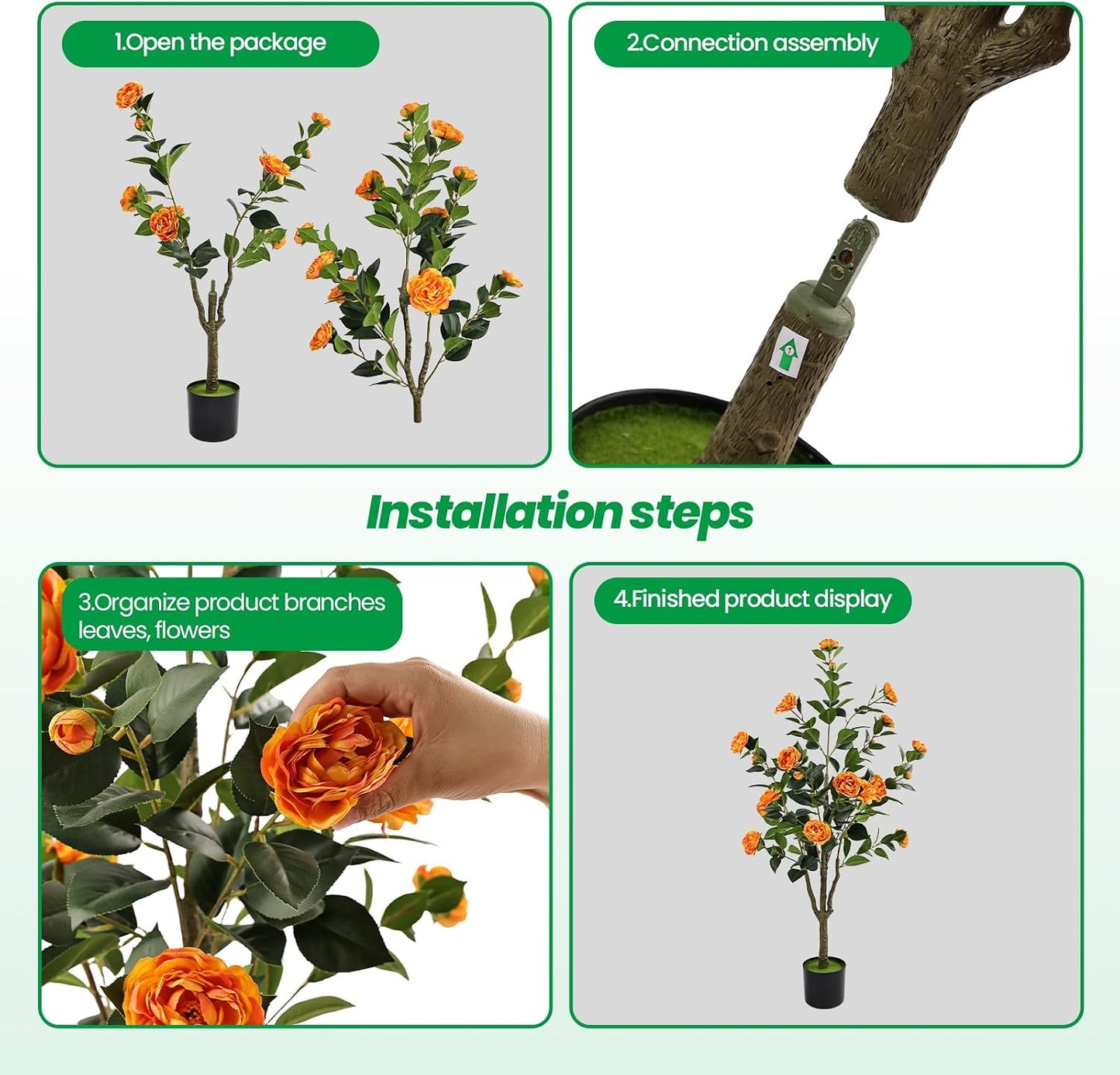 Orange Artificial Camellia Tree 2 Pcs 48Inch/4Ft