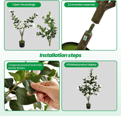 Orange Artificial Camellia Tree 2 Pcs 48Inch/4Ft