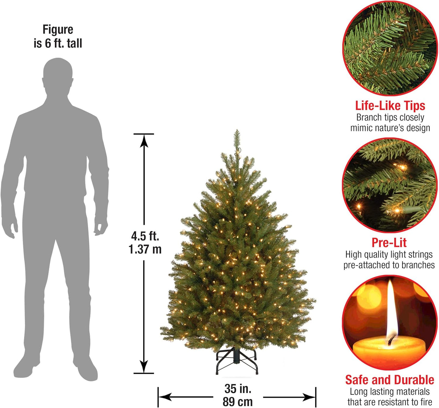 6 ft Pre-Lit Dunhill Fir Artificial Christmas Tree, 600 Warm White LED Lights, 1,430 Tips, Includes Stand, Green | 600 Clear Lights, 1,430 Tips, Includes Stand, Green