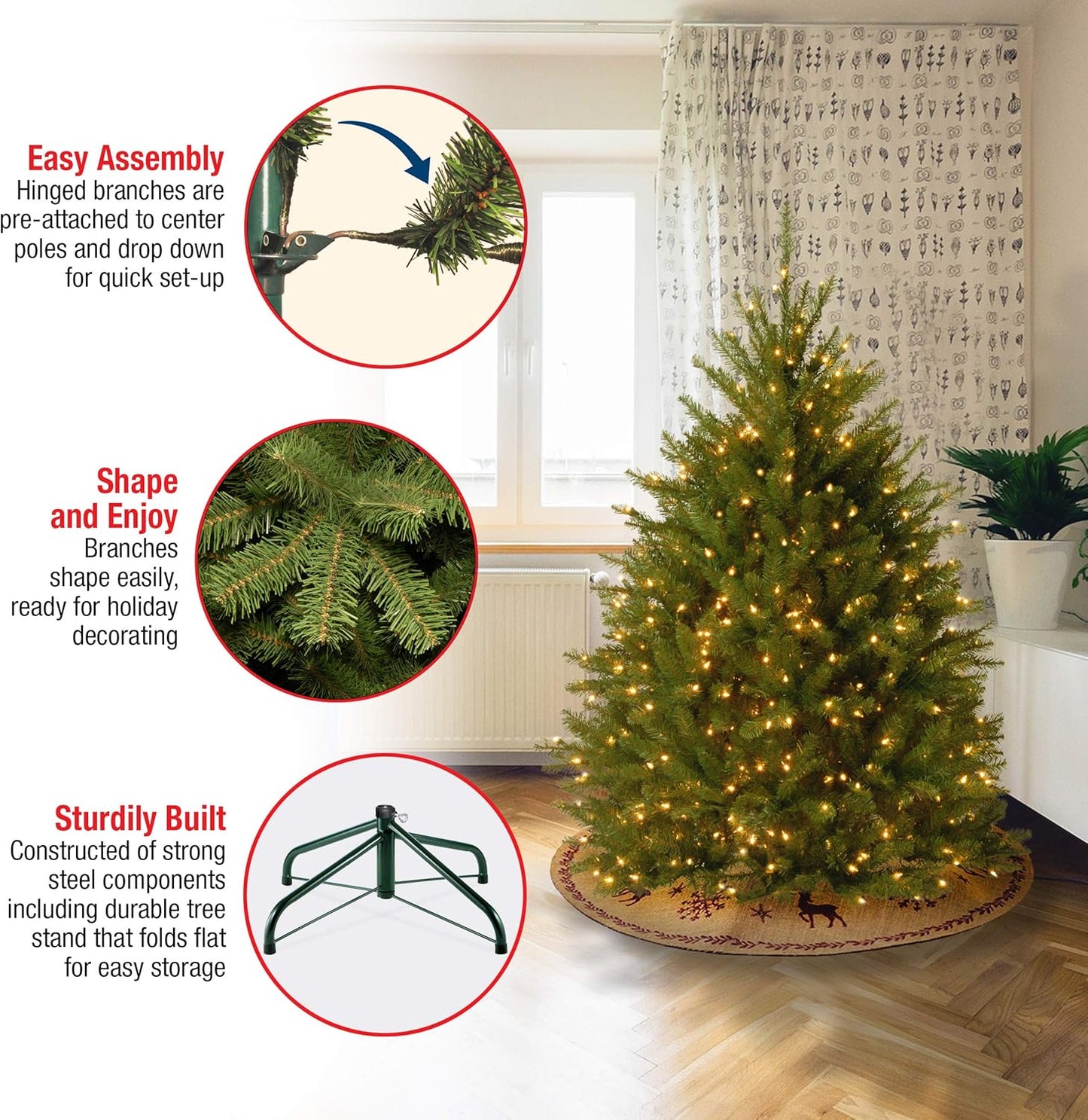 6 ft Pre-Lit Dunhill Fir Artificial Christmas Tree, 600 Warm White LED Lights, 1,430 Tips, Includes Stand, Green | 600 Clear Lights, 1,430 Tips, Includes Stand, Green