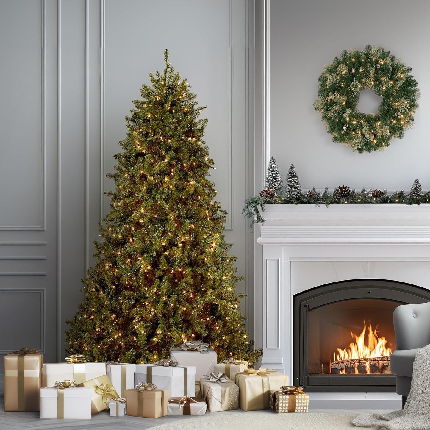 6 ft Pre-Lit Dunhill Fir Artificial Christmas Tree, 600 Warm White LED Lights, 1,430 Tips, Includes Stand, Green | 600 Clear Lights, 1,430 Tips, Includes Stand, Green
