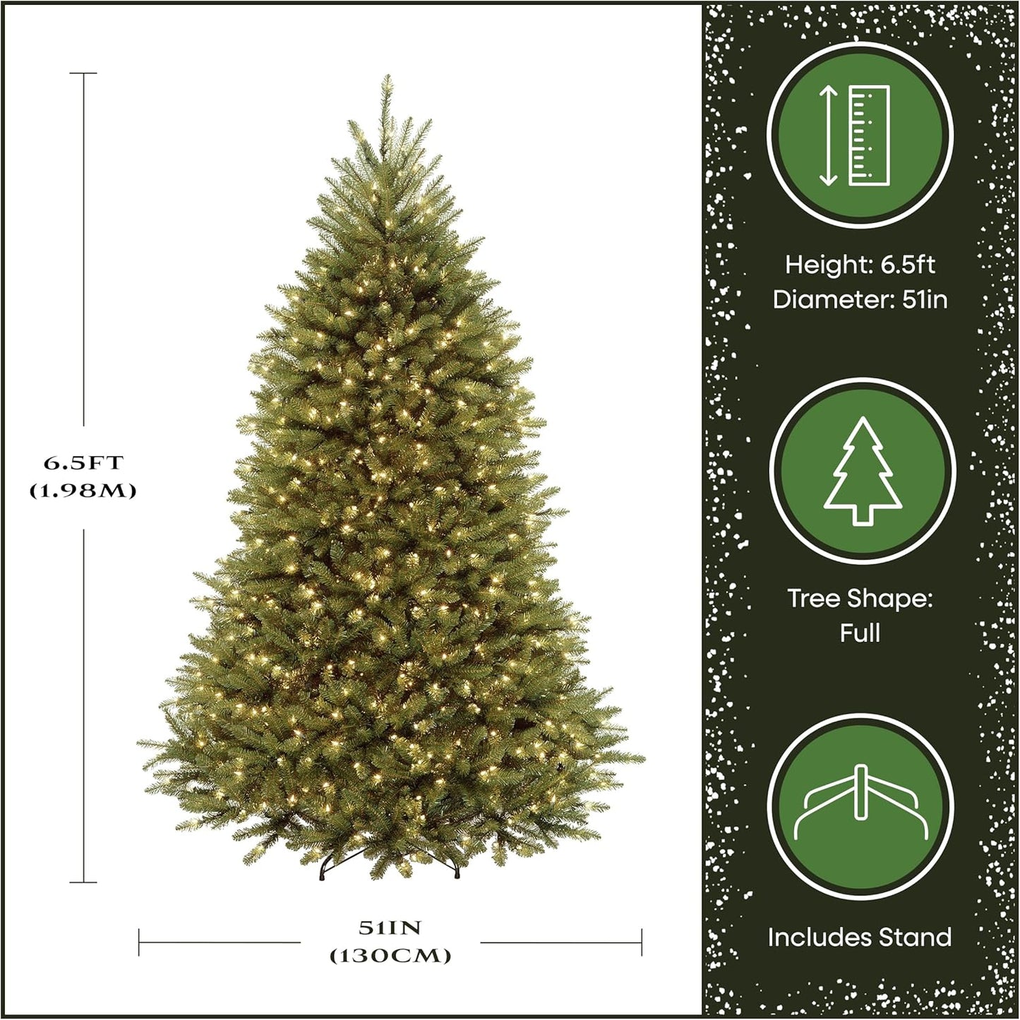 6 ft Pre-Lit Dunhill Fir Artificial Christmas Tree, 600 Warm White LED Lights, 1,430 Tips, Includes Stand, Green | 600 Clear Lights, 1,430 Tips, Includes Stand, Green