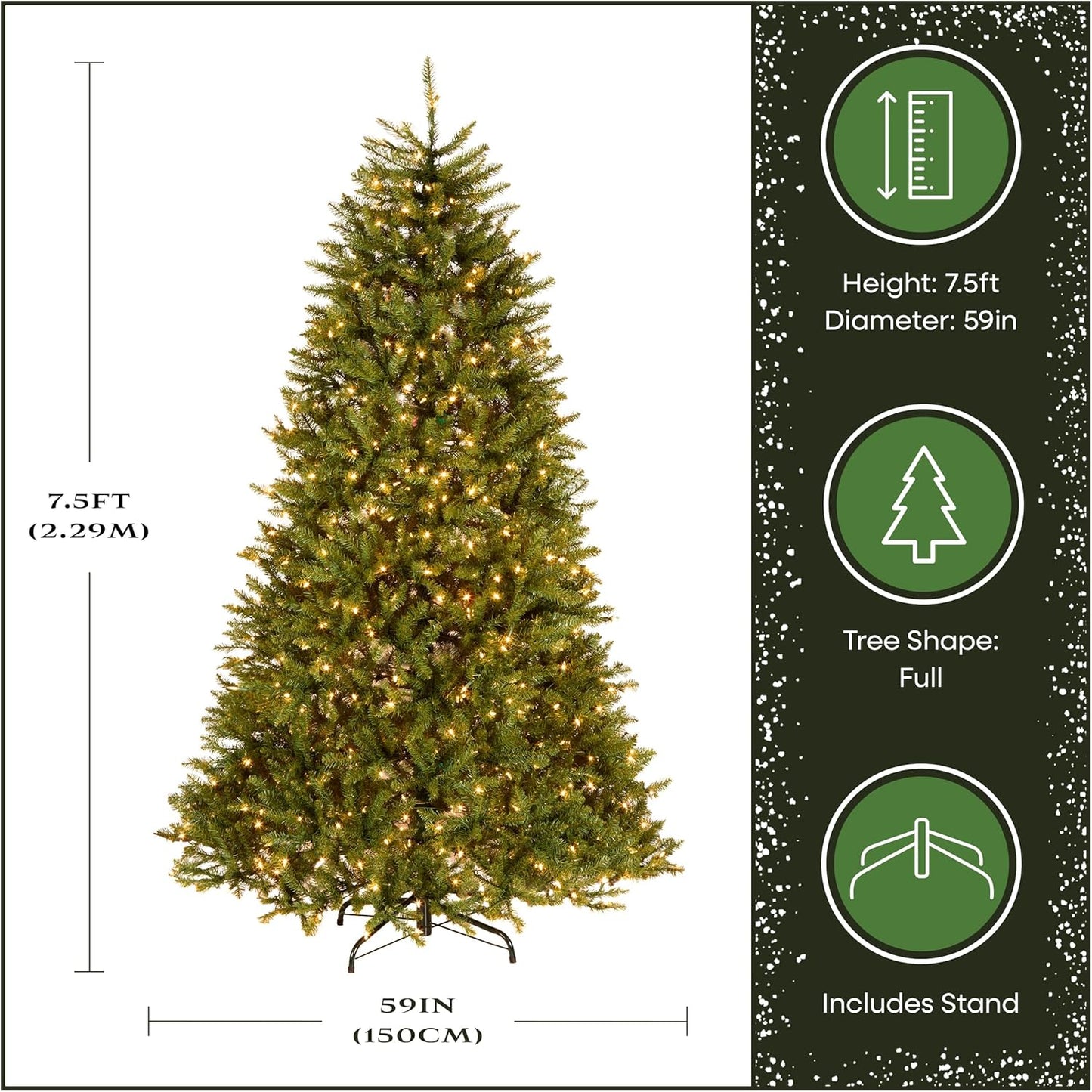6 ft Pre-Lit Dunhill Fir Artificial Christmas Tree, 600 Warm White LED Lights, 1,430 Tips, Includes Stand, Green | 600 Clear Lights, 1,430 Tips, Includes Stand, Green