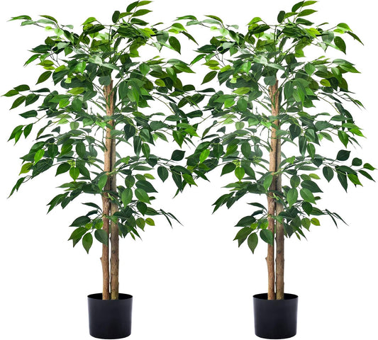 2Packs 6FT Artificial Ficus Trees with Realistic Leaves and Natural Trunk, Faux Ficus Tree with Sturdy Plastic Nursery Pot, Fake Ficus Tree for Office Home Farmhouse for Indoor Outdoor Decor