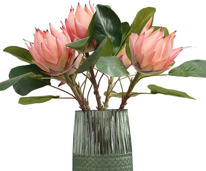 3 Pcs Artificial Protea Flowers, Real Touch Faux Pink King Protea Arrangements for Home, Wedding, Party, Office Table Centerpiece Decor