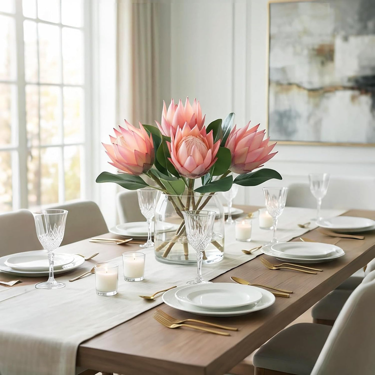 3 Pcs Artificial Protea Flowers, Real Touch Faux Pink King Protea Arrangements for Home, Wedding, Party, Office Table Centerpiece Decor