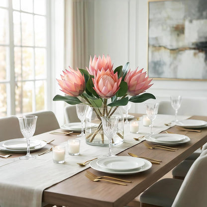 3 Pcs Artificial Protea Flowers, Real Touch Faux Pink King Protea Arrangements for Home, Wedding, Party, Office Table Centerpiece Decor
