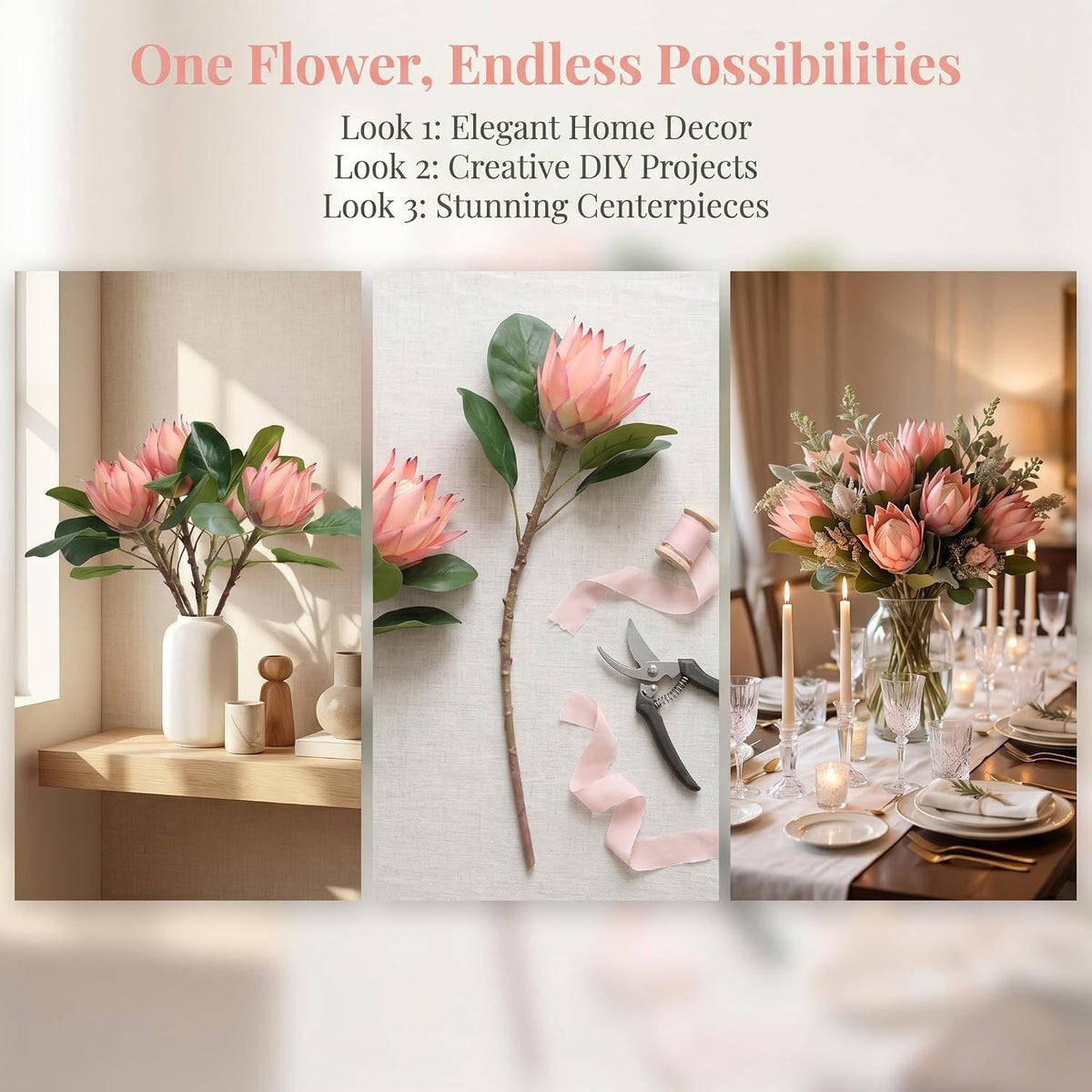 3 Pcs Artificial Protea Flowers, Real Touch Faux Pink King Protea Arrangements for Home, Wedding, Party, Office Table Centerpiece Decor