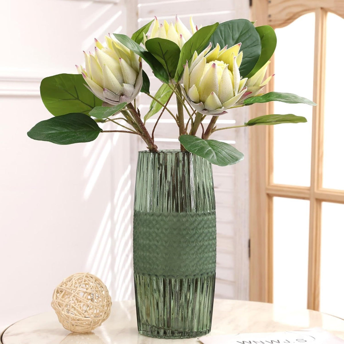 3 Pcs Artificial Protea Flowers, Real Touch Faux Pink King Protea Arrangements for Home, Wedding, Party, Office Table Centerpiece Decor
