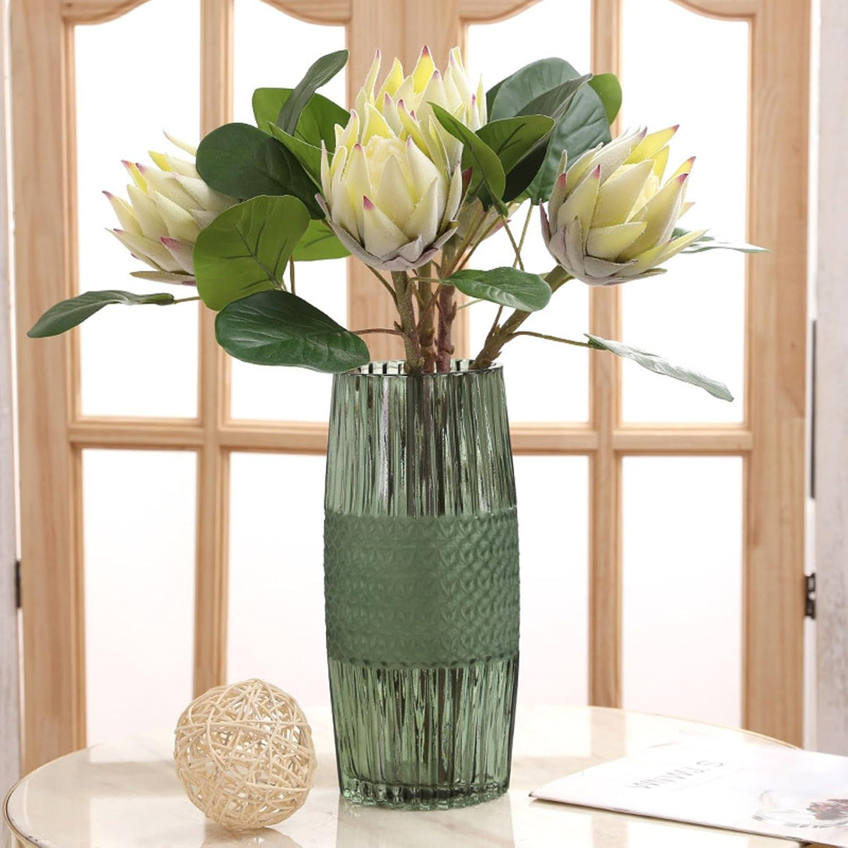 3 Pcs Artificial Protea Flowers, Real Touch Faux Pink King Protea Arrangements for Home, Wedding, Party, Office Table Centerpiece Decor