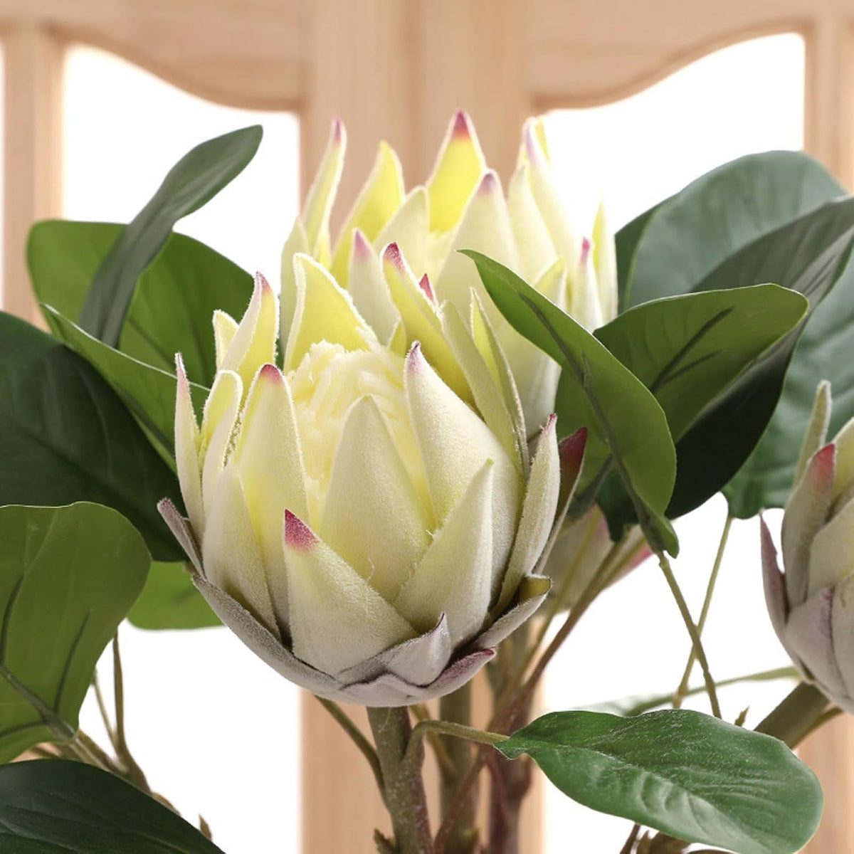 3 Pcs Artificial Protea Flowers, Real Touch Faux Pink King Protea Arrangements for Home, Wedding, Party, Office Table Centerpiece Decor