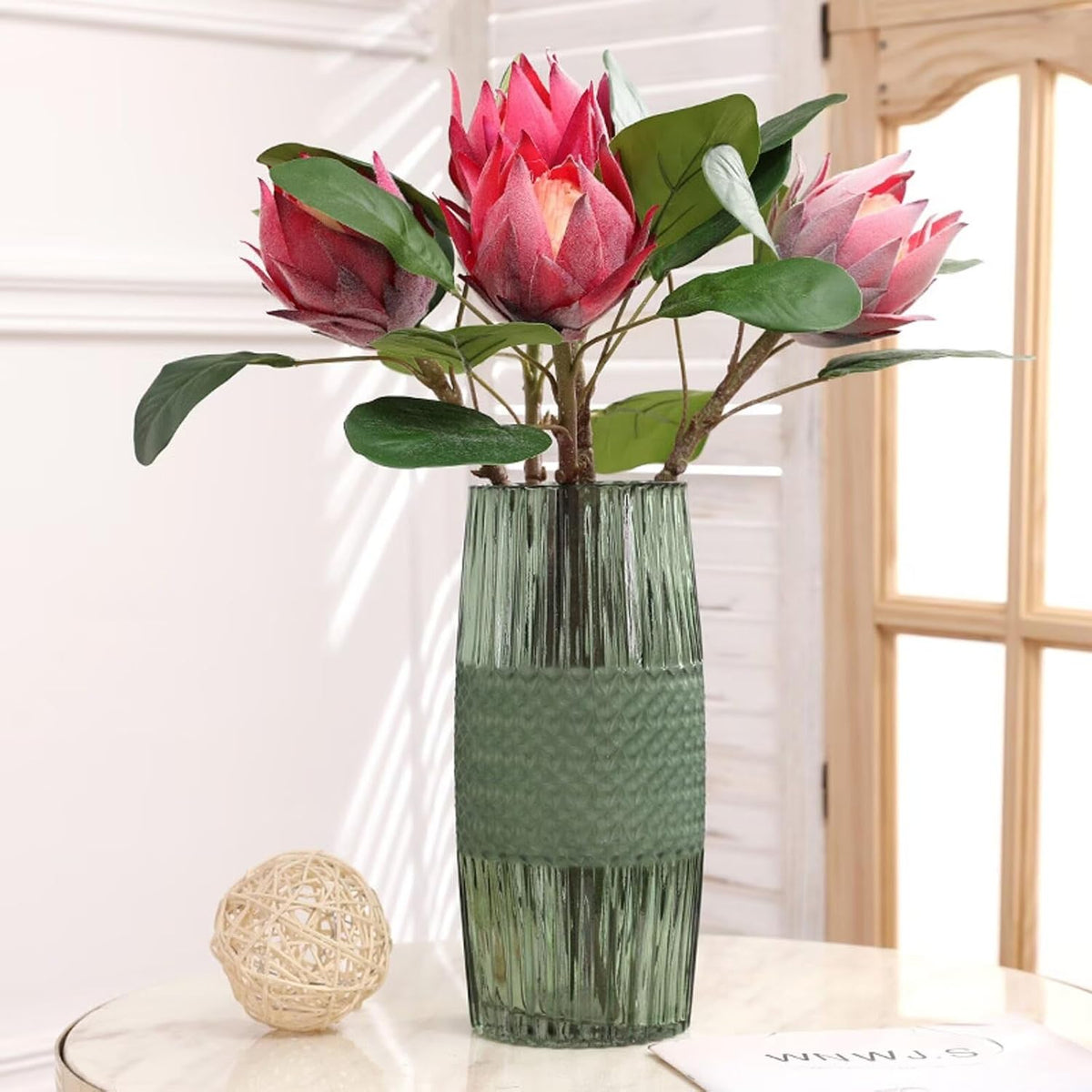 3 Pcs Artificial Protea Flowers, Real Touch Faux Pink King Protea Arrangements for Home, Wedding, Party, Office Table Centerpiece Decor