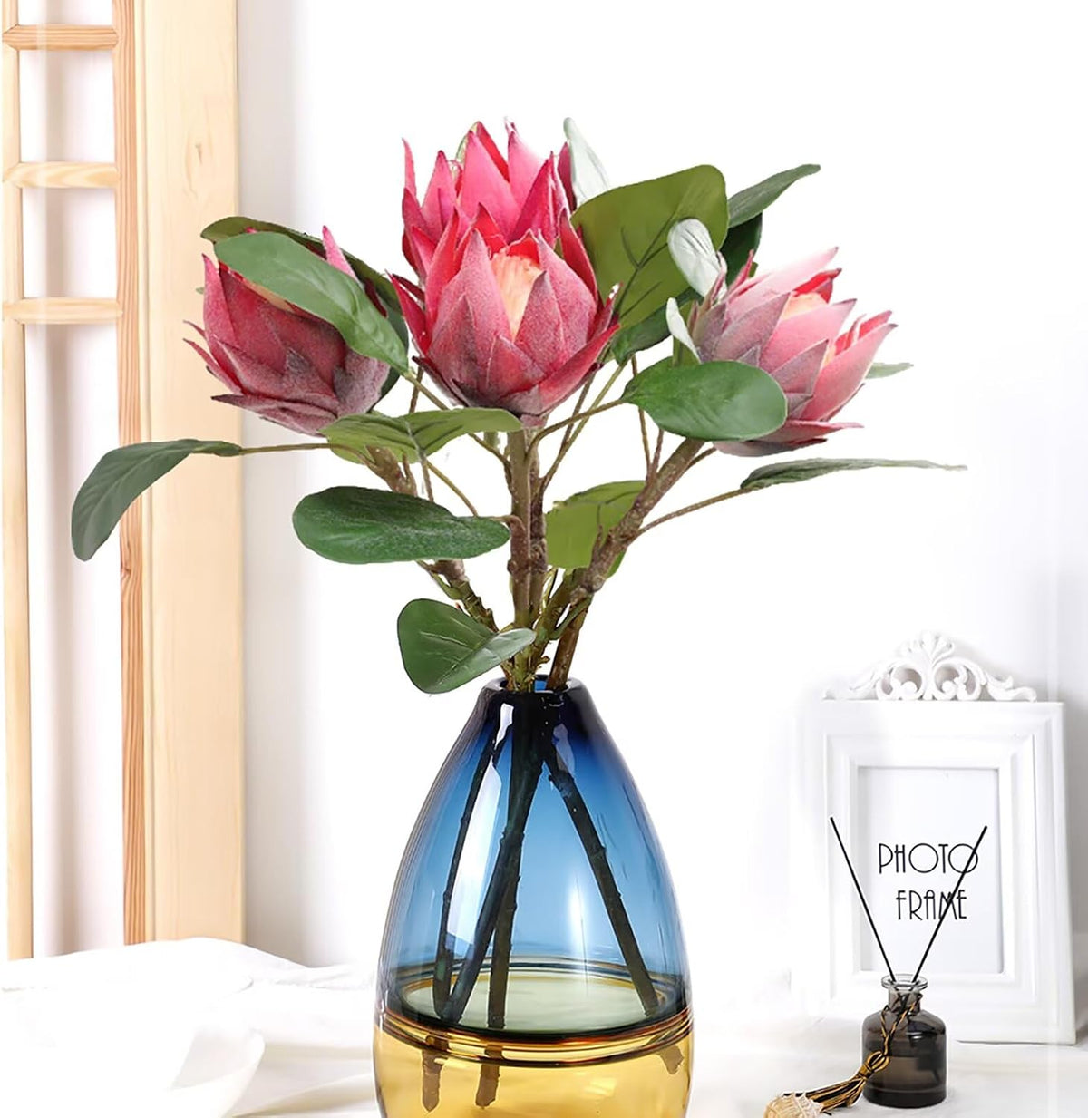 3 Pcs Artificial Protea Flowers, Real Touch Faux Pink King Protea Arrangements for Home, Wedding, Party, Office Table Centerpiece Decor