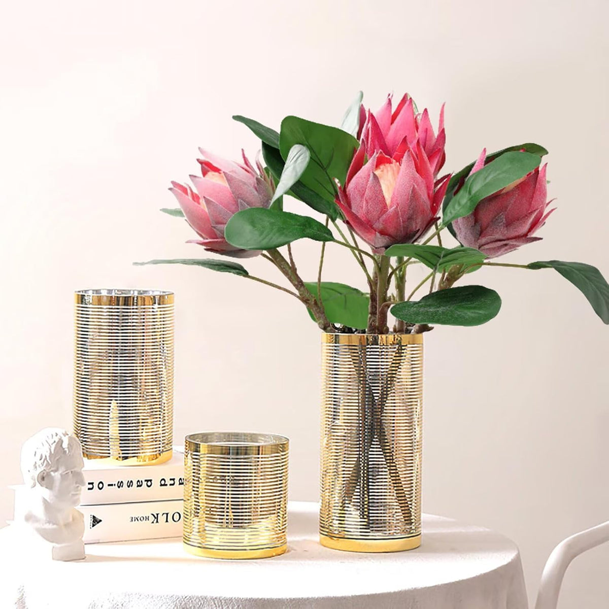 3 Pcs Artificial Protea Flowers, Real Touch Faux Pink King Protea Arrangements for Home, Wedding, Party, Office Table Centerpiece Decor