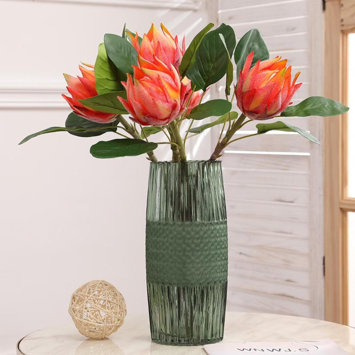 3 Pcs Artificial Protea Flowers, Real Touch Faux Pink King Protea Arrangements for Home, Wedding, Party, Office Table Centerpiece Decor