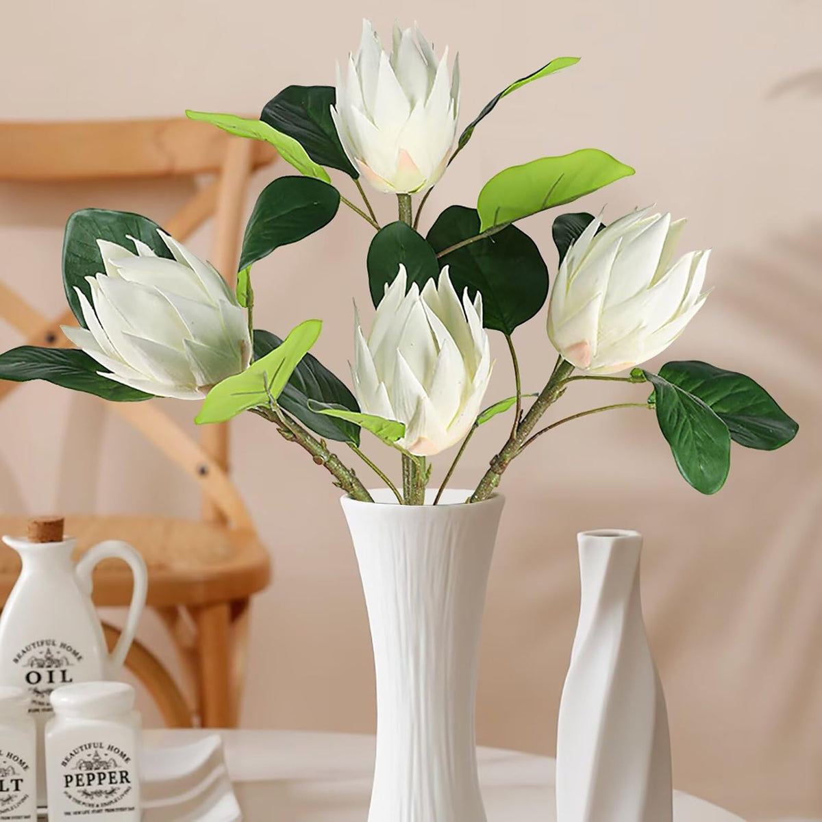 3 Pcs Artificial Protea Flowers, Real Touch Faux Pink King Protea Arrangements for Home, Wedding, Party, Office Table Centerpiece Decor