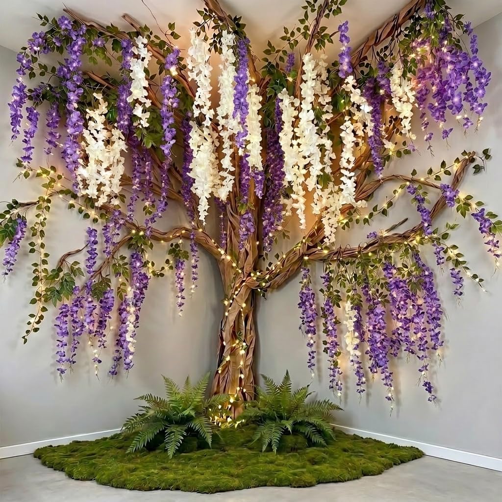 3D Classroom Tree Wisteria Tree Ceiling Decor with Light, Back to School Classroom Bulletin Board Decor, 24 PCS Kraft Paper Fake Vine for Hanging Bedroom Indoor Aesthetic Decoration (White, Purple)