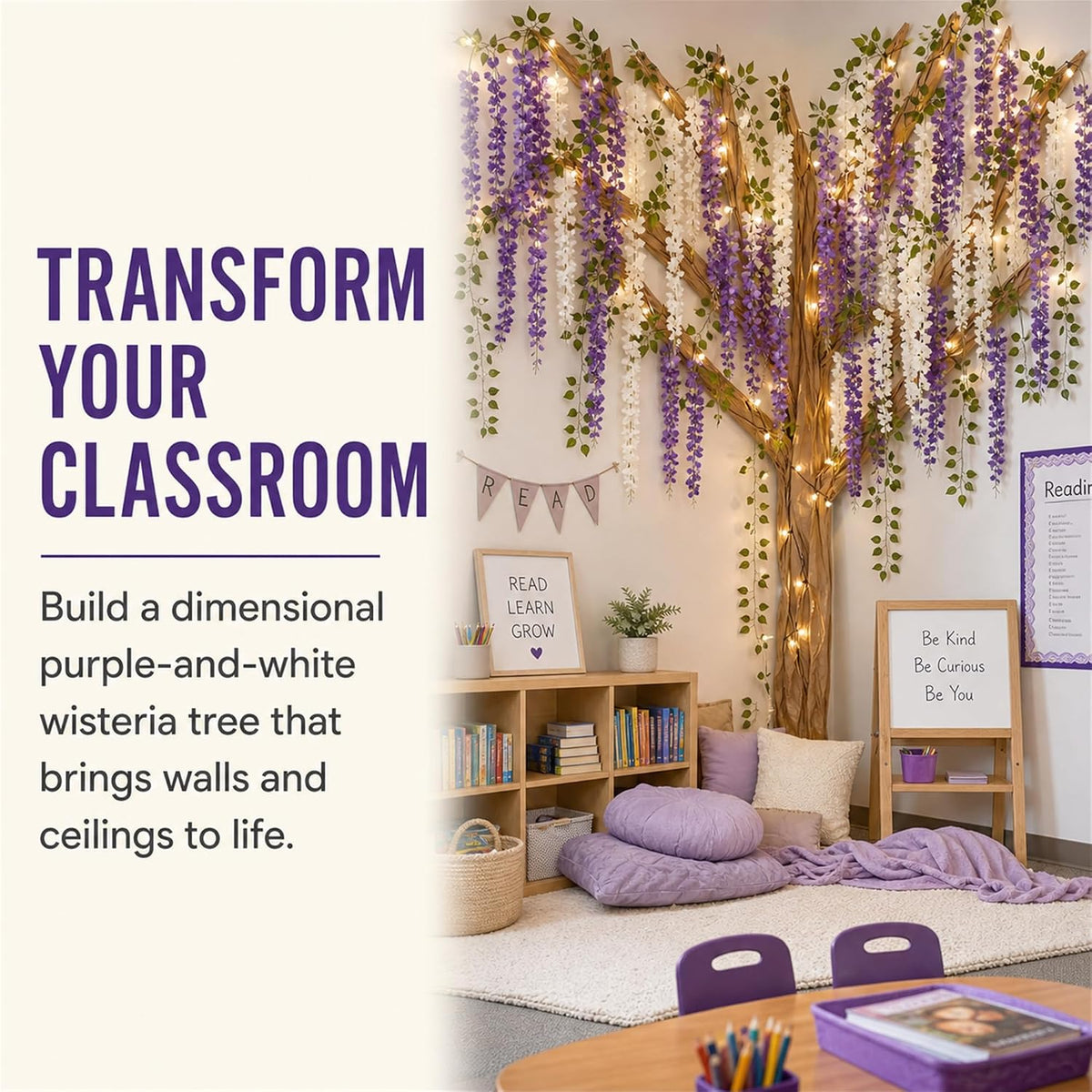 3D Classroom Tree Wisteria Tree Ceiling Decor with Light, Back to School Classroom Bulletin Board Decor, 24 PCS Kraft Paper Fake Vine for Hanging Bedroom Indoor Aesthetic Decoration (White, Purple)