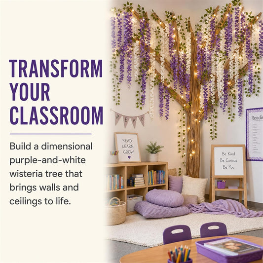 3D Classroom Tree Wisteria Tree Ceiling Decor with Light, Back to School Classroom Bulletin Board Decor, 24 PCS Kraft Paper Fake Vine for Hanging Bedroom Indoor Aesthetic Decoration (White, Purple)