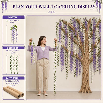 3D Classroom Tree Wisteria Tree Ceiling Decor with Light, Back to School Classroom Bulletin Board Decor, 24 PCS Kraft Paper Fake Vine for Hanging Bedroom Indoor Aesthetic Decoration (White, Purple)