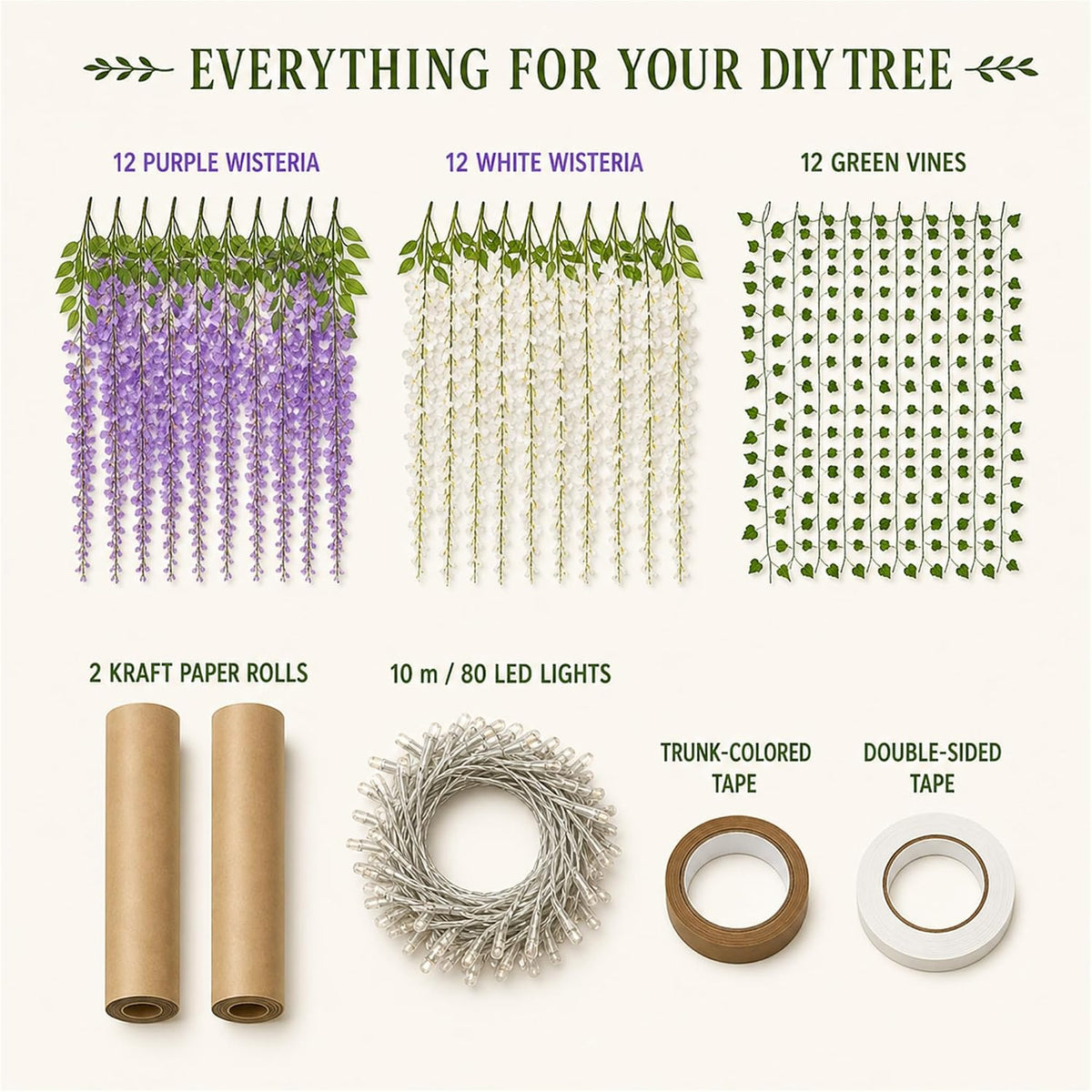 3D Classroom Tree Wisteria Tree Ceiling Decor with Light, Back to School Classroom Bulletin Board Decor, 24 PCS Kraft Paper Fake Vine for Hanging Bedroom Indoor Aesthetic Decoration (White, Purple)