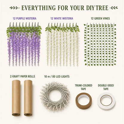 3D Classroom Tree Wisteria Tree Ceiling Decor with Light, Back to School Classroom Bulletin Board Decor, 24 PCS Kraft Paper Fake Vine for Hanging Bedroom Indoor Aesthetic Decoration (White, Purple)