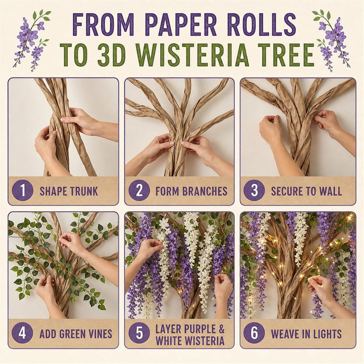 3D Classroom Tree Wisteria Tree Ceiling Decor with Light, Back to School Classroom Bulletin Board Decor, 24 PCS Kraft Paper Fake Vine for Hanging Bedroom Indoor Aesthetic Decoration (White, Purple)