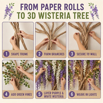 3D Classroom Tree Wisteria Tree Ceiling Decor with Light, Back to School Classroom Bulletin Board Decor, 24 PCS Kraft Paper Fake Vine for Hanging Bedroom Indoor Aesthetic Decoration (White, Purple)