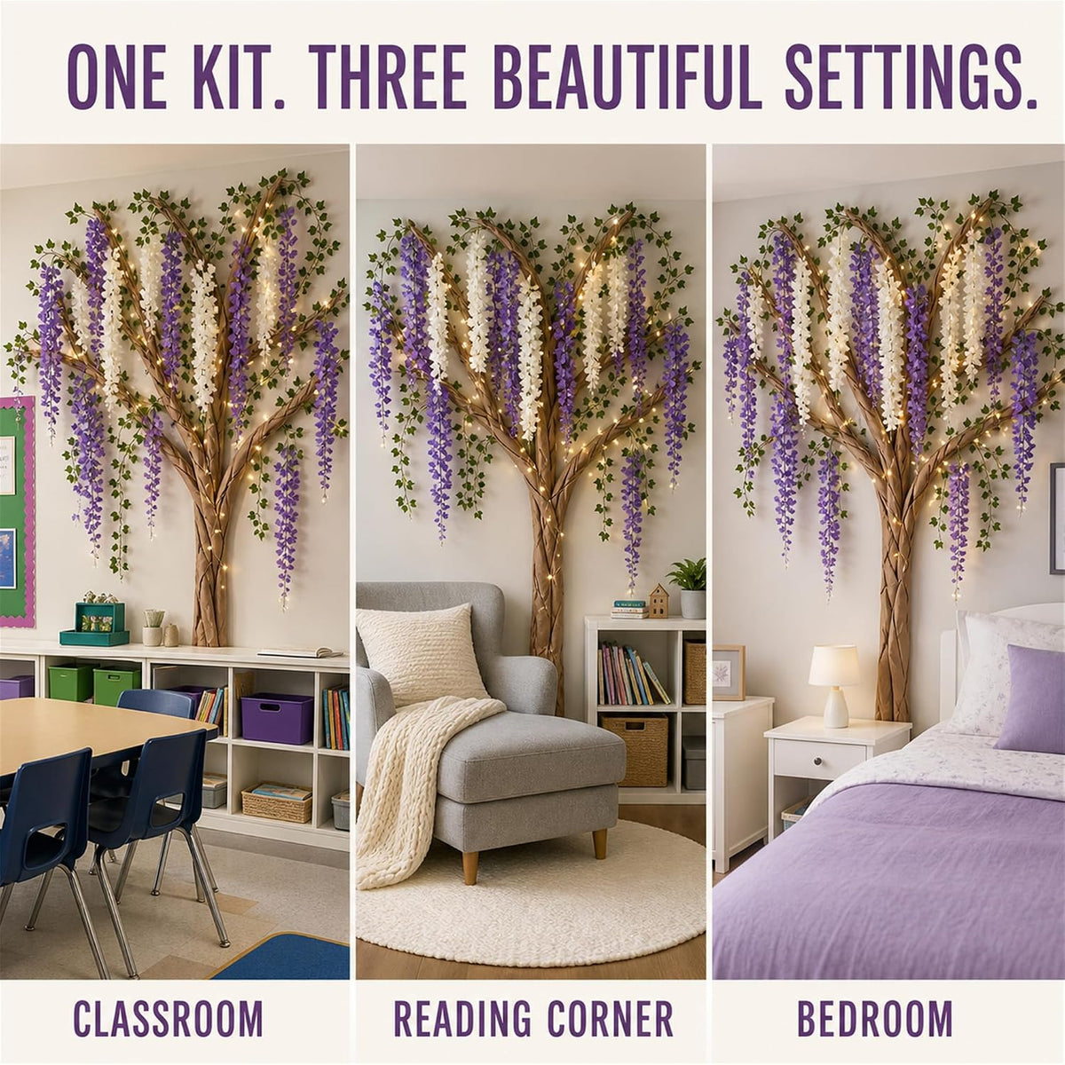 3D Classroom Tree Wisteria Tree Ceiling Decor with Light, Back to School Classroom Bulletin Board Decor, 24 PCS Kraft Paper Fake Vine for Hanging Bedroom Indoor Aesthetic Decoration (White, Purple)